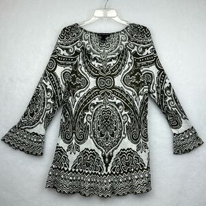 INC Top Womens Dark Green White Geometric Peasant Flowy Ruffle Size Large